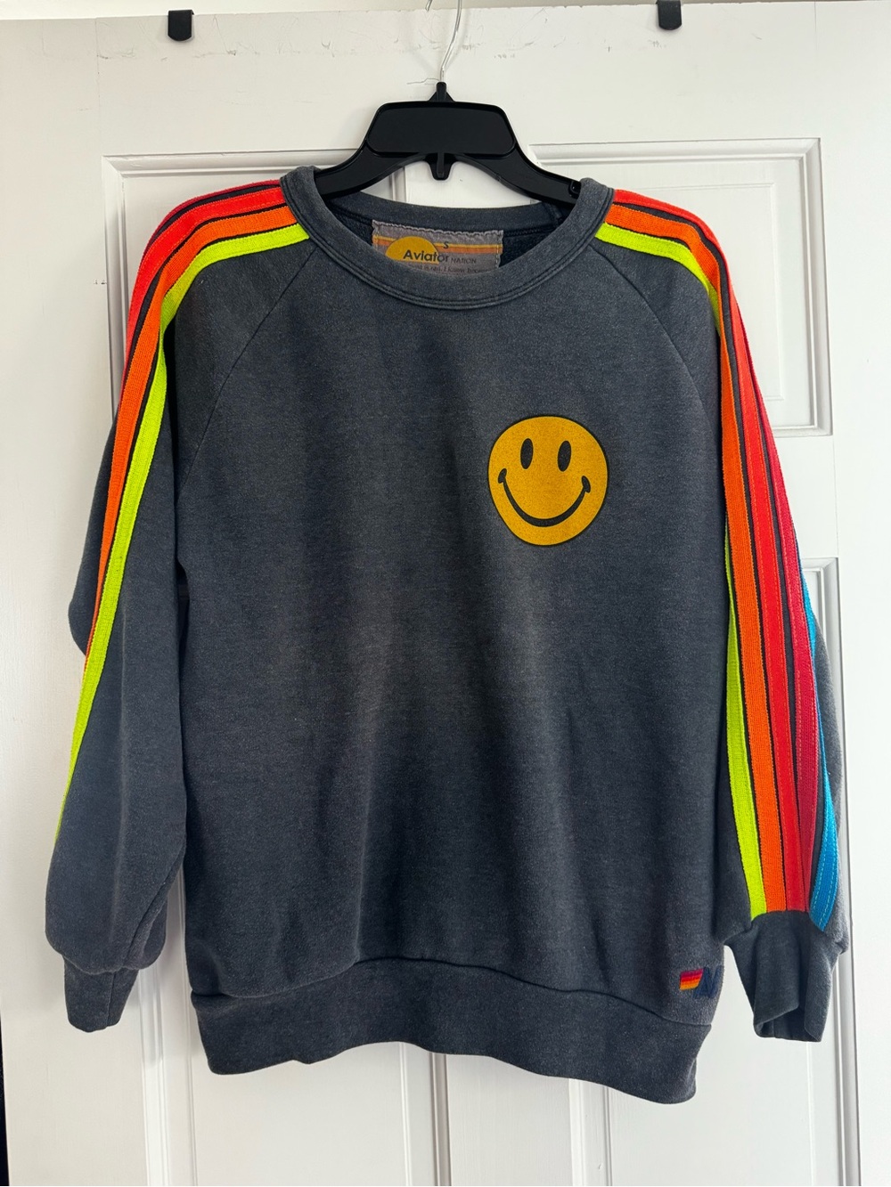 Aviator Nation Charcoal Crewneck with Yellow Smiley and Rainbow Stripes